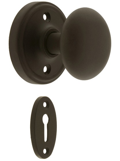 Classic Rosette Mortise Lock Set with Round Brass Knobs in Oil-Rubbed Bronze.
